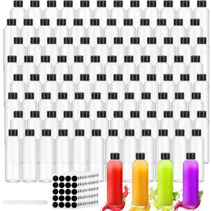 Dandat 100 Pcs Plastic Juice Bottles with Caps Clear Shot Bottles Bulk Empty Reusable Clear Beverage Containers with Lids, Label, Pen for Milk, Drinking, Potion, Ginger Shots, Whiskey(4 oz)