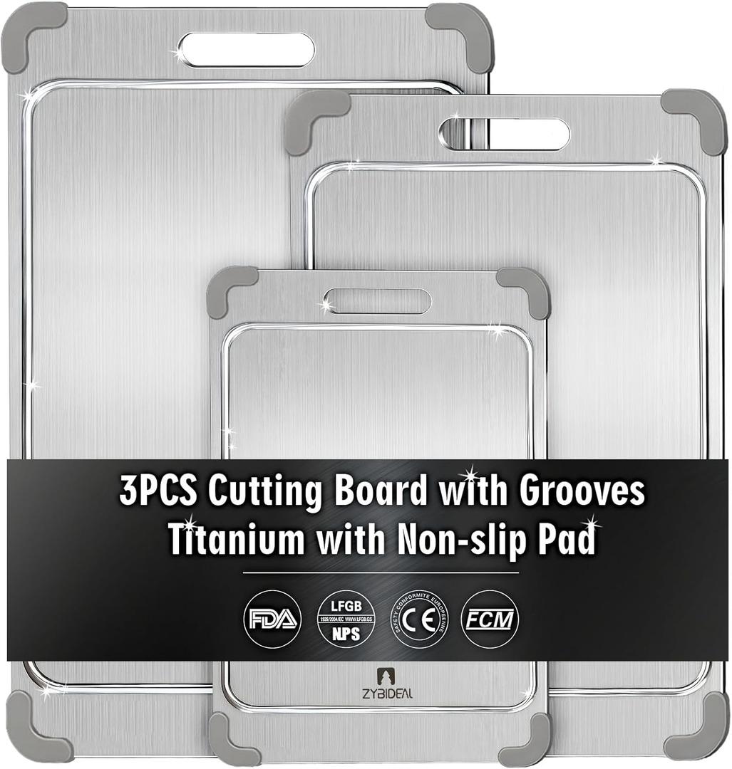 2Pcs 100% Pure Titanium Cutting Board with Grooves, Update Double Side Titanium Chopping Board, Silicone Anti-slip Stainless Cutting Boards Set for Kitchen, Grey  2Pcs 100% Pure Titanium Cutting Board with Grooves, Update Double Side Titanium Chopping Board, Silicone Anti-slip Stainless Cutting Boards Set for Kitchen, Grey