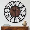 Maxstar Round Wall Clock for Living Room Decor Battery Operated Non Ticking Black Metal Wood Clocks for Home Living Room Garden Office Kitchen Decoration -16 inch (Black-arabic Numerals)