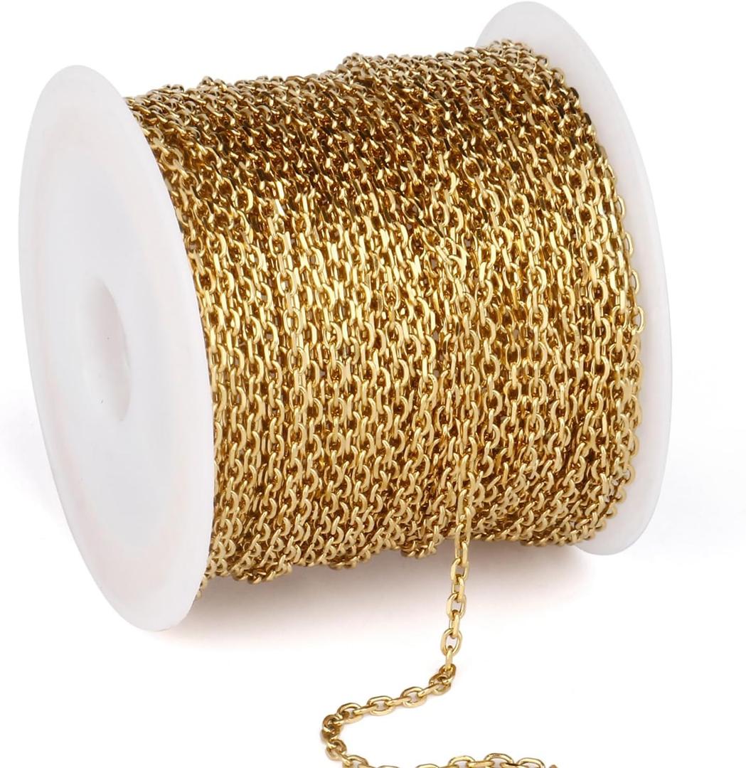 33 Feet Gold Rolo Cable Chain Bulk, 1.5mm 18K Gold PVD Plated 304 Stainless Steel Diamond-Cut Oval Rolo Cable Link Chains Roll Spool for Jewelry Making