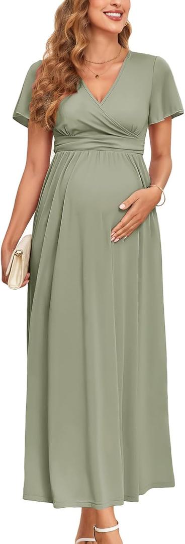 2025 Women's Maternity Maxi Dress Long Sleeve Wrap V Neck Pregnancy Dresses with Pockets Baby Shower Photoshoot Formal (Large, 1. Ruffle Sleeve, Sage Green)