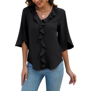 Blooming Jelly Womens Dressy Casual Blouses 3/4 Sleeve V Neck Ruffle Tops Business Ladies Summer 2025 Trendy Work Shirt (XX-Large, Black)