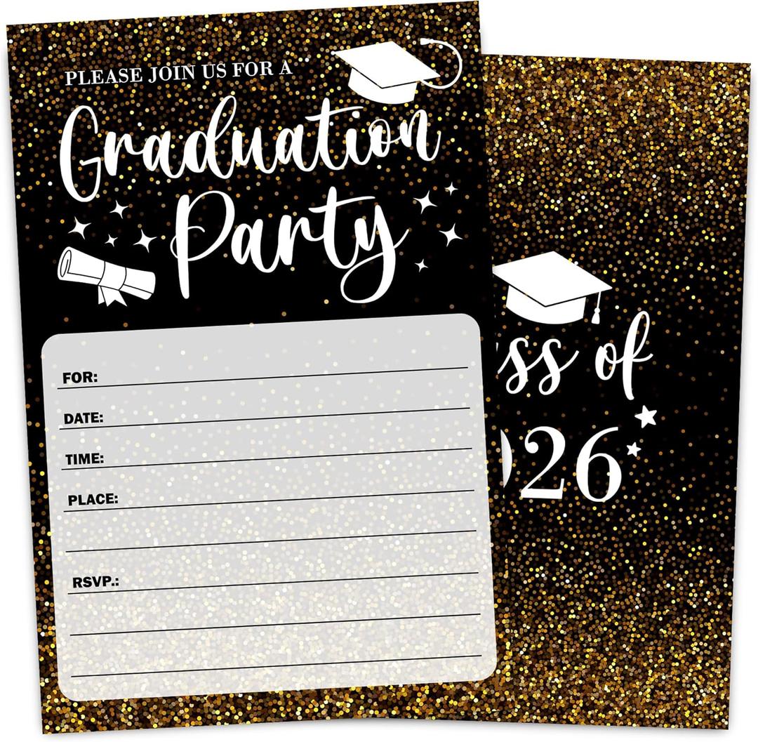 4 x VIVORA Black Gold Glitter Graduation Invitation Card for Graduate, Black Gold Glitter Graduation Party Invites, 30 Cards & 30 Envelopes, 4x6 Inches, Double-Sided