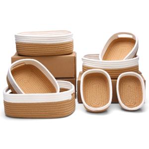 7 Piece Cotton Rope Woven Basket Set - Small Basket for Baby Nursery, Pets, Montessori, Dog & Cat Toy Boxes, Bathroom Organization Bins (White/Jute)