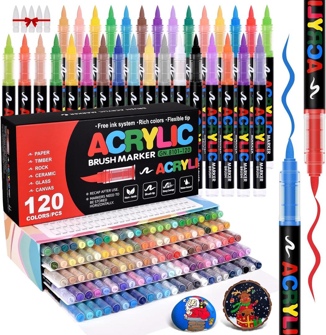 Acrylic Paint Markers Brush Tip 120 Colors, Automatic Ink Control System, Premium Acrylic Paint Pens for Canvas, Rock Painting, Glass, Wood, Ceramic Surfaces, DIY Crafts (Includes Replacement Nibs)