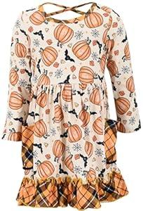 Unique Baby Girls Long Sleeve Ruffled Dresses for Toddlers and Kids 2 Years Halloween Bats and Pumpkins, (12 Months)