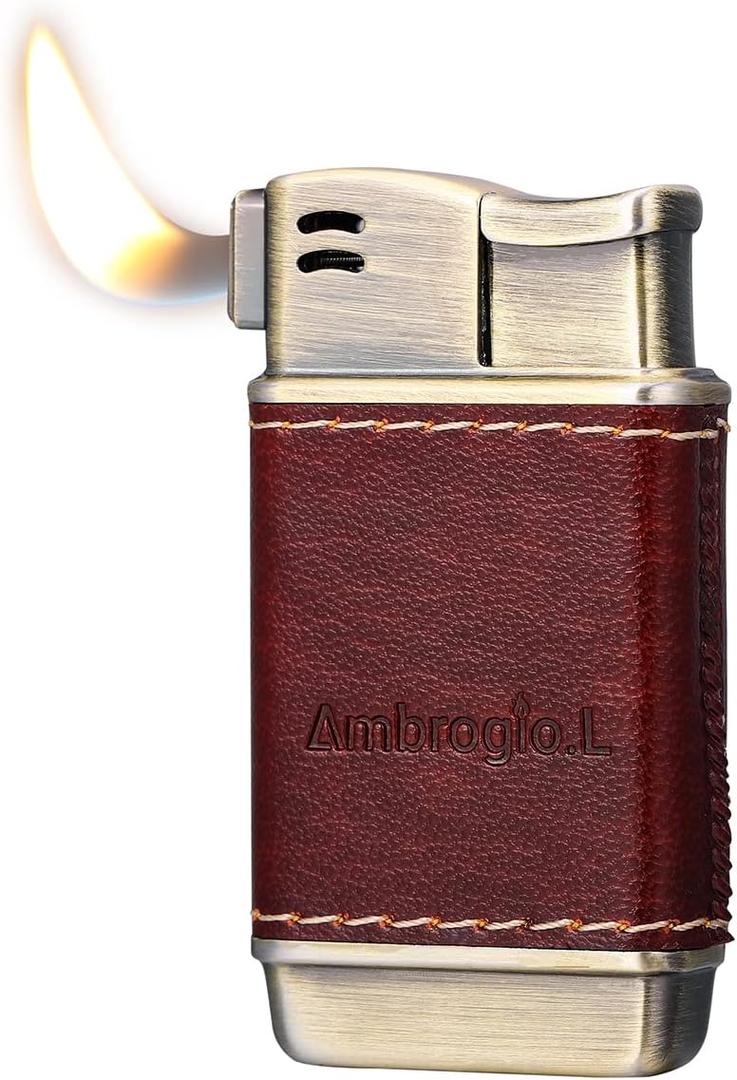 Ambrogio.L Pipe Lighter - Genuine Leather Adjustbale Soft Flame Refillable Butane Gas Lighter - Boxed Bronze Brushed