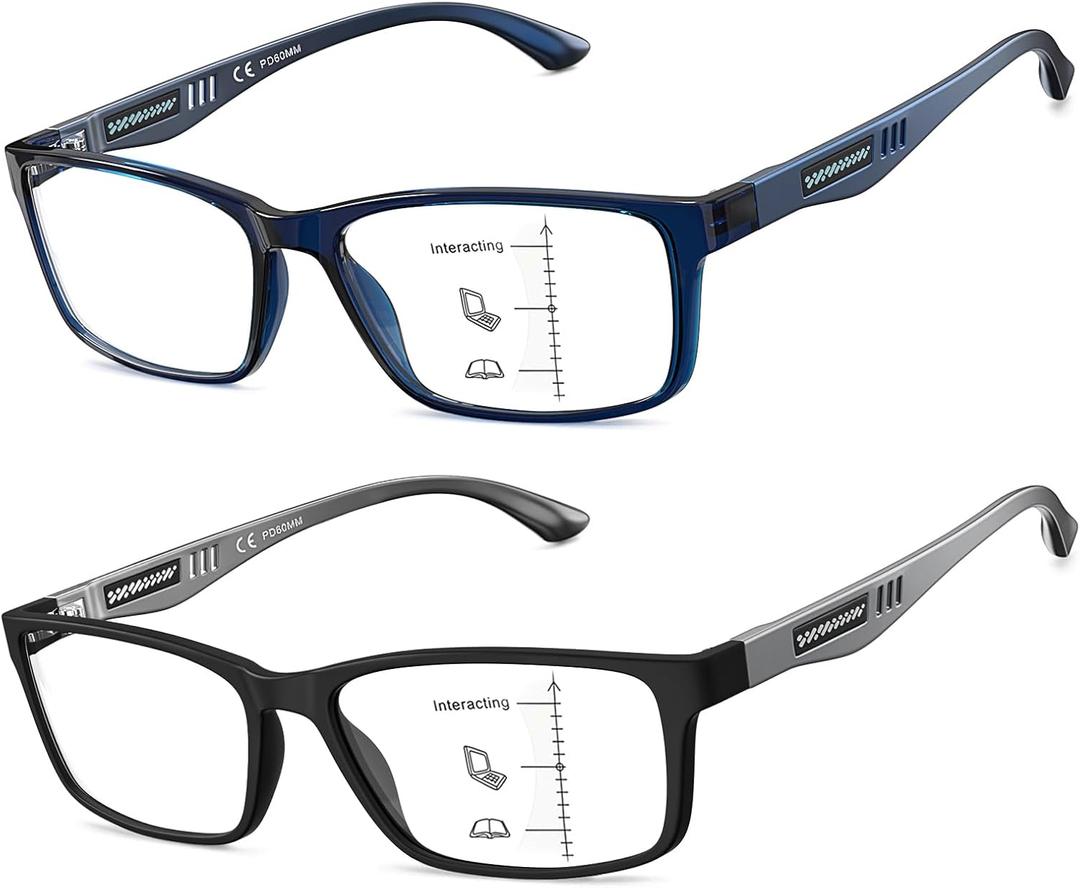 CARA Progressive Reading Glasses for Men Multifocus TR90 Readers, Superior Lightweight Blue Light Blocking Eyeglasses 2 Pack(Black+Blue, +2.00) (Progressive&top is Not 0 (3 Ft Range)-1 Black + 1 Blue)