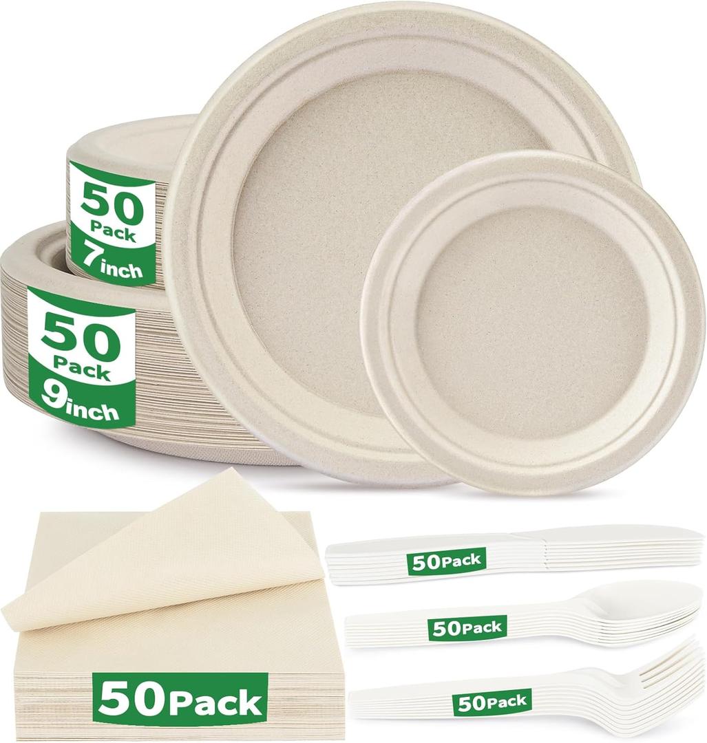 300 Pcs Compostable Dinnerware Set - Serves 50 Guests with Heavy Duty 9 & 7 Inch Plates, Napkins & Cutlery | Biodegradable Sugarcane Eco-Friendly Party Supplies for Birthday, Christmas, Holiday