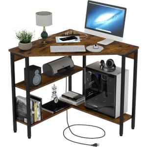 Auromie Corner Desk with Outlets & USB Ports, 90 Degree Triangle Corner Table with CPU Stand & Storage Shelves for Small Space, Computer Table with Charging Station for Home Office Bedroom (Rustic)