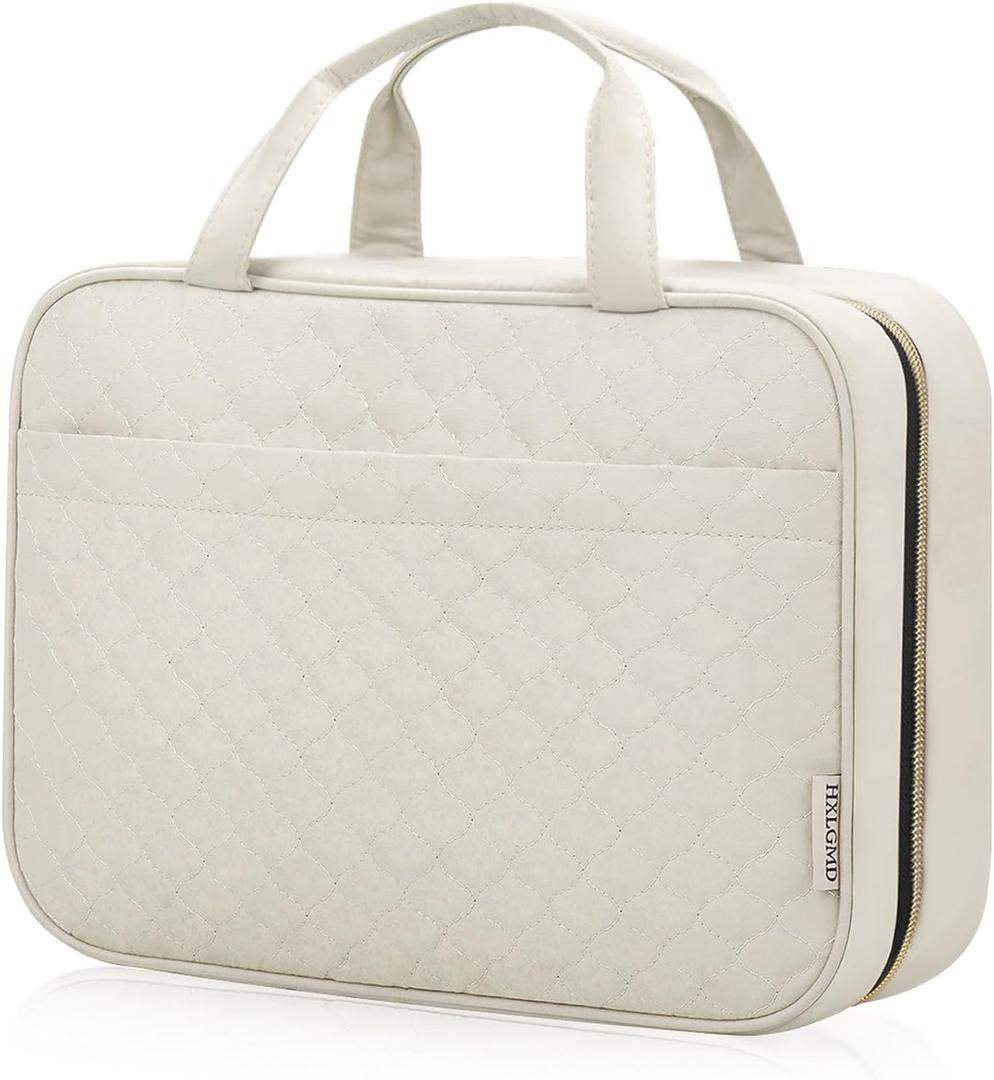 Travel Size Toiletry Bag for Women, Portable Cosmetic Bag with Hanging Hook, Travel Essentials Water-resistant Makeup Organizer for Accessories, Shampoo, Full-size Container, Toiletries (Large, Beige)