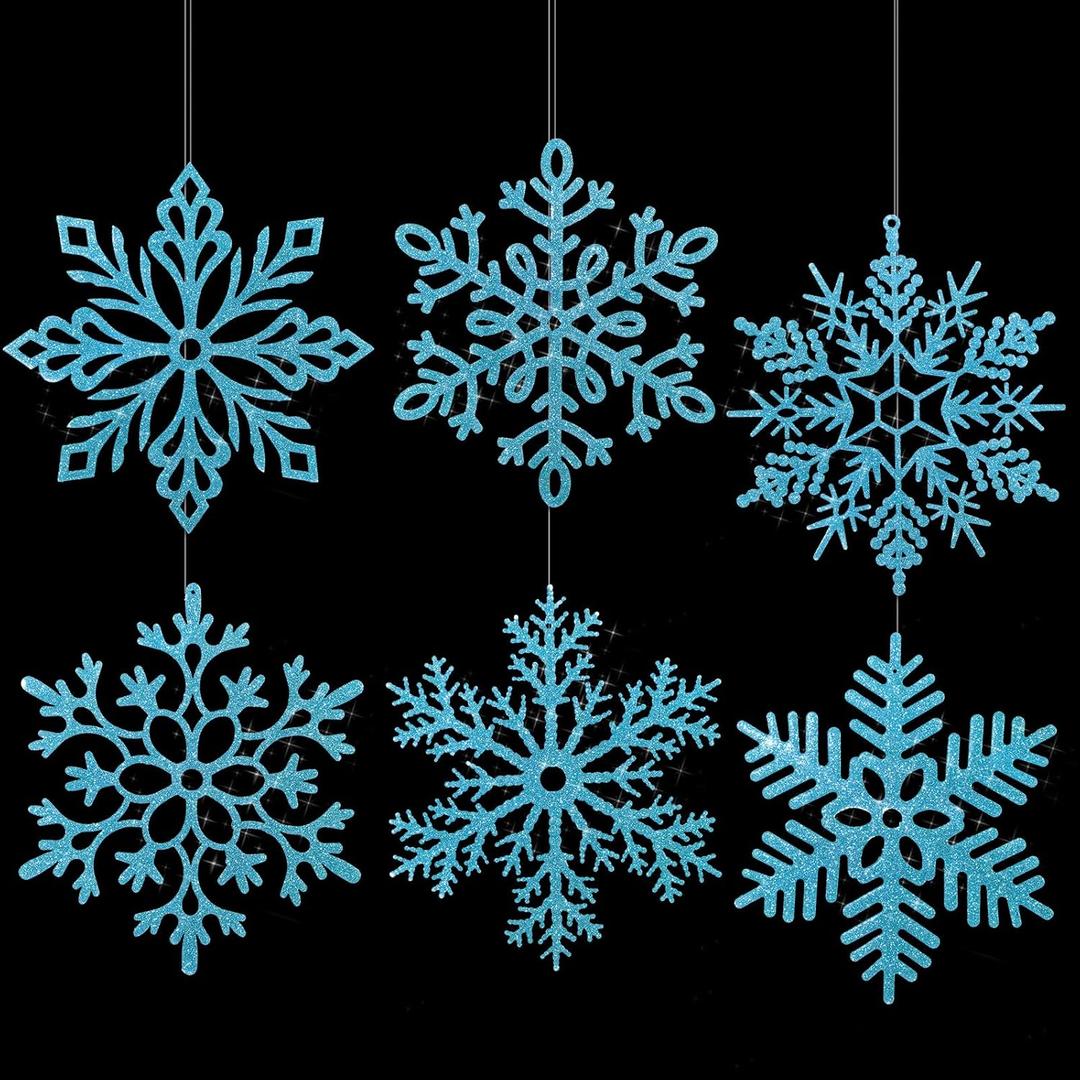 Sratte 24 Pcs 16 Inch Large Snowflake Ornaments,Giant Glitter Decorative Hanging Snowflakes,6 Designs Christmas Decorative Hanging Ornaments,Winter Window Decor with Nylon Thread (Blue)