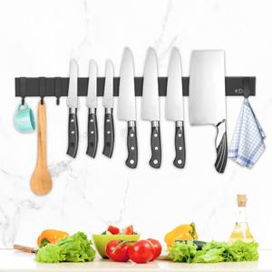 Dmore Magnetic Knife Holder for Wallwith 4 Hooks, No Drilling 20 Inch Black Knife Magnetic Strip, Powerful Knife Magnet Rack, include Adhesive Tape and Screws for Knives, Utensils, and Tools