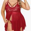 Plus Size Babydoll Womens Lace Sheer Mesh Lingerie V Neck Push Up Slit Top G String Thong Nighty Sleepwear 2 Piece, Size: XXL