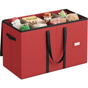 SONGMICS Christmas Figurine Storage Box for 15-Inch Figurines and Nutcrackers, Holiday Decor Organizer with Adjustable Dividers, 8 Slots and 2 Pockets, Dual Zippers, Cherry Red URFB041R01