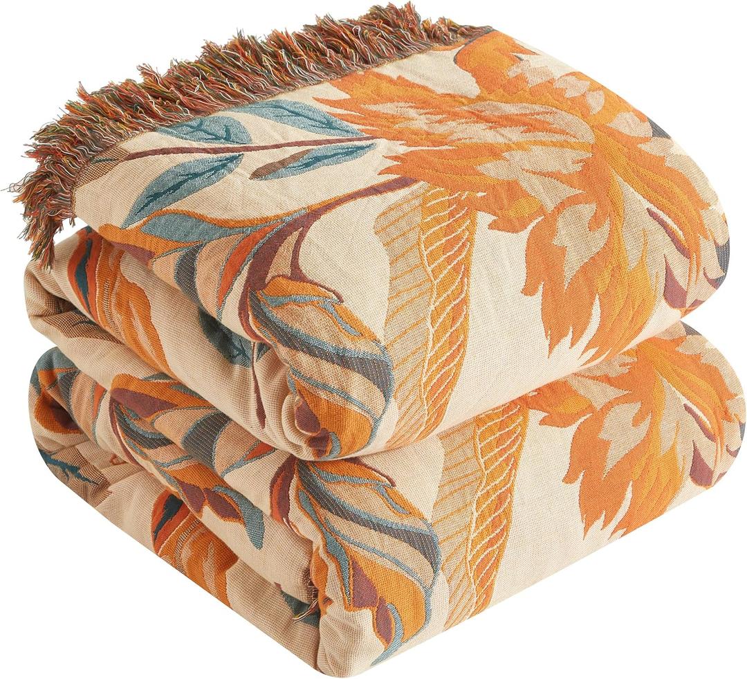 Boho Throw Blanket for Bed 80x90, 100% Cotton Woven Blanket for Couch Sofa, Ultra Soft 4-Layer Muslin Quilt with Floral Printed, Farmhouse Bed Blanket/Cover for Living Room Decor