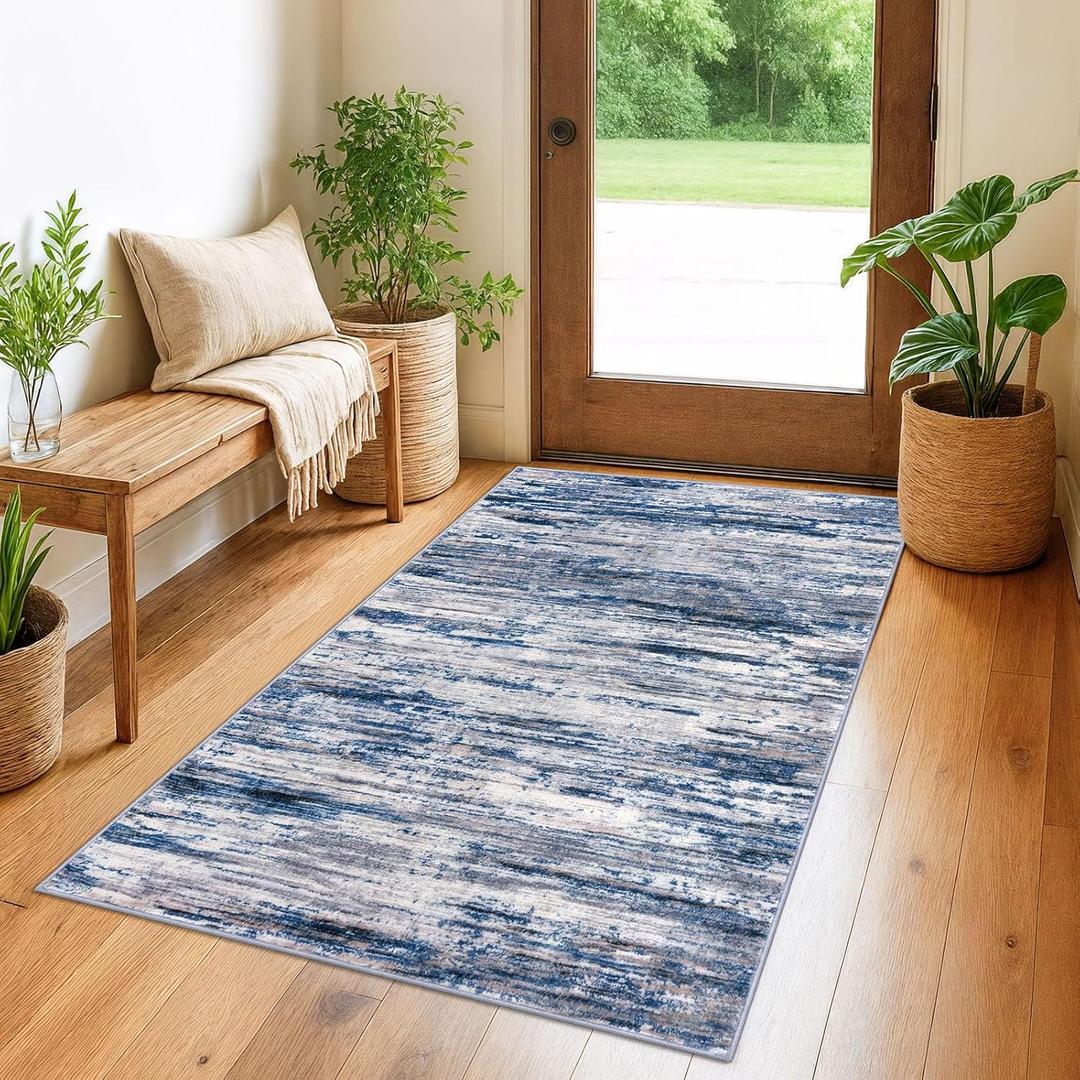 3x5 Modern Abstract Area Rug for Entryway, Navy Blue Gray Neutral Multi Super Soft Washable Rug with Non-Slip, Low-Pile Door Mat Indoor for Living Room Bedroom, Carpet with Non-Shedding