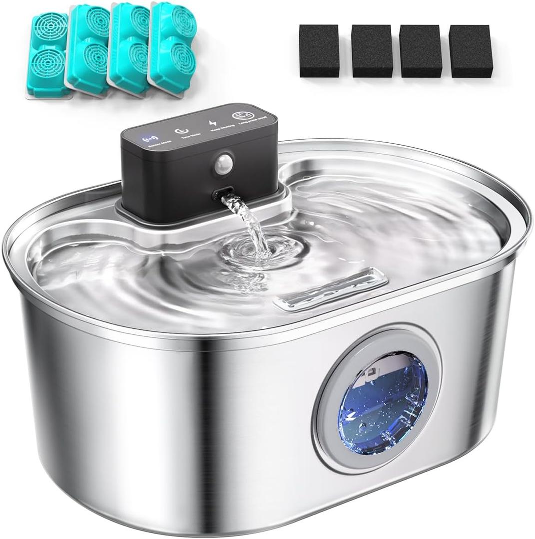 Cat Water Fountain Cordless, Stainless Steel Pet Water Fountain Wireless 3.2L/108oz Battery Operated Automatic Water Dispenser for Cats Indoor, with Motion Sensor & Quiet Pump (4 Filter & Sponge)
