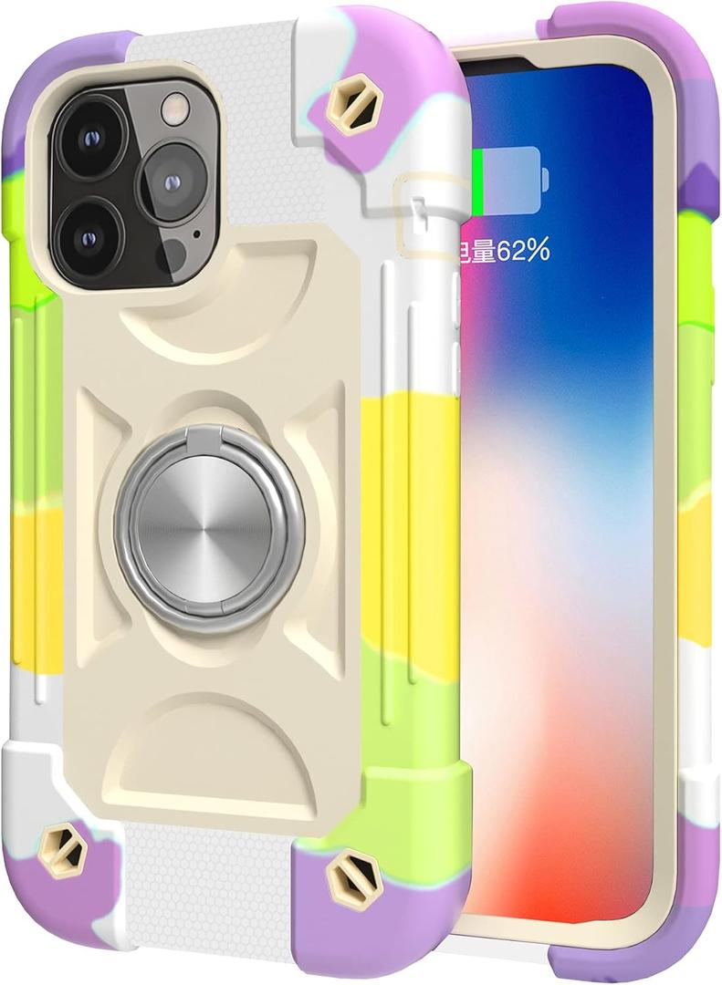Omio Compatible with iPhone 12 Pro Max Case with Ring Stand, Heavy Duty Case for Women Men Military Grade Shockproof Phone Case with Magnetic Car Mount for iPhone 12 Pro Max 6.7 Inch, Rainbow Beige