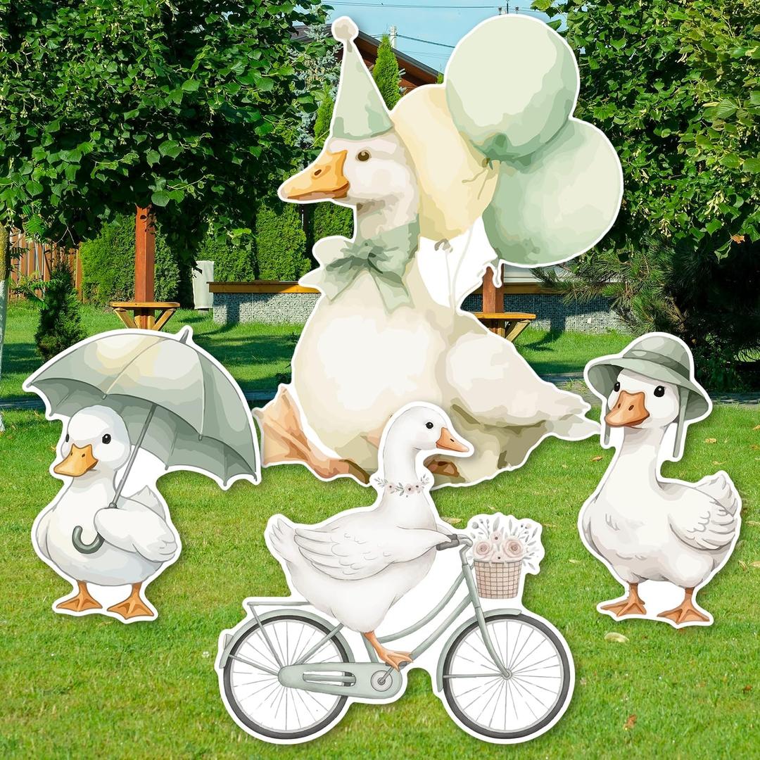 4PCS A New Silly Goose 1st Birthday Backdrop, Outdoor Lawn and Home Decorations, with Pole, Suitable for Birthday Party, Baby Shower Decor and Celebrations of All Ages, Green Backdrop Decor