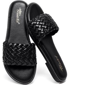 NianEr Womens Microfiber Leather Comfort Foam Rhinestone Glitter Sparkly Dress Flip Flop Sandals Summer Cute Flat Slides (8.5, 9601-005-Black)