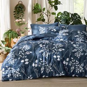 Bedsure Queen Comforter Set - 7 Pieces Floral Navy Soft Bedding Sets, Queen Bed in a Bag with Botanical Flowers Comforter, Sheets, Pillowcases & Shams