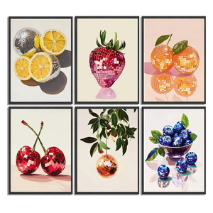 6Pcs Disco Fruit Wall Art funky fruit wall decor pictures Kitchen Poster Preppy Trendy Prints Strawberry lemon cherry Painting Artwork for Living Room Bathroom Girls Room Decoration 8x10in