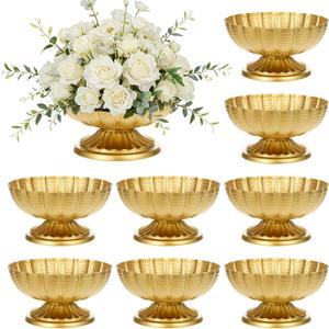 8 PCS Compote Bowl Gold Vase for Centerpieces 7" W x 4" H Small Metal Pedestal Vase Antique Gold Urn Vases Flower Arrangement for Wedding Anniversary Parties and Home Decor
