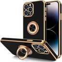 Hython for iPhone 14 Pro Case with Ring Stand [360 Rotatable Ring Holder Magnetic Kickstand] [Support Car Mount] Plated Gold Edge Soft TPU Luxury Shockproof Protective Phone Case Cover, Black