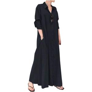 Ladyful Women's Cotton Linen Maxi Shirt Dress Long Sleeve Button Down Shirtdress Beach Summer Dress Pockets M