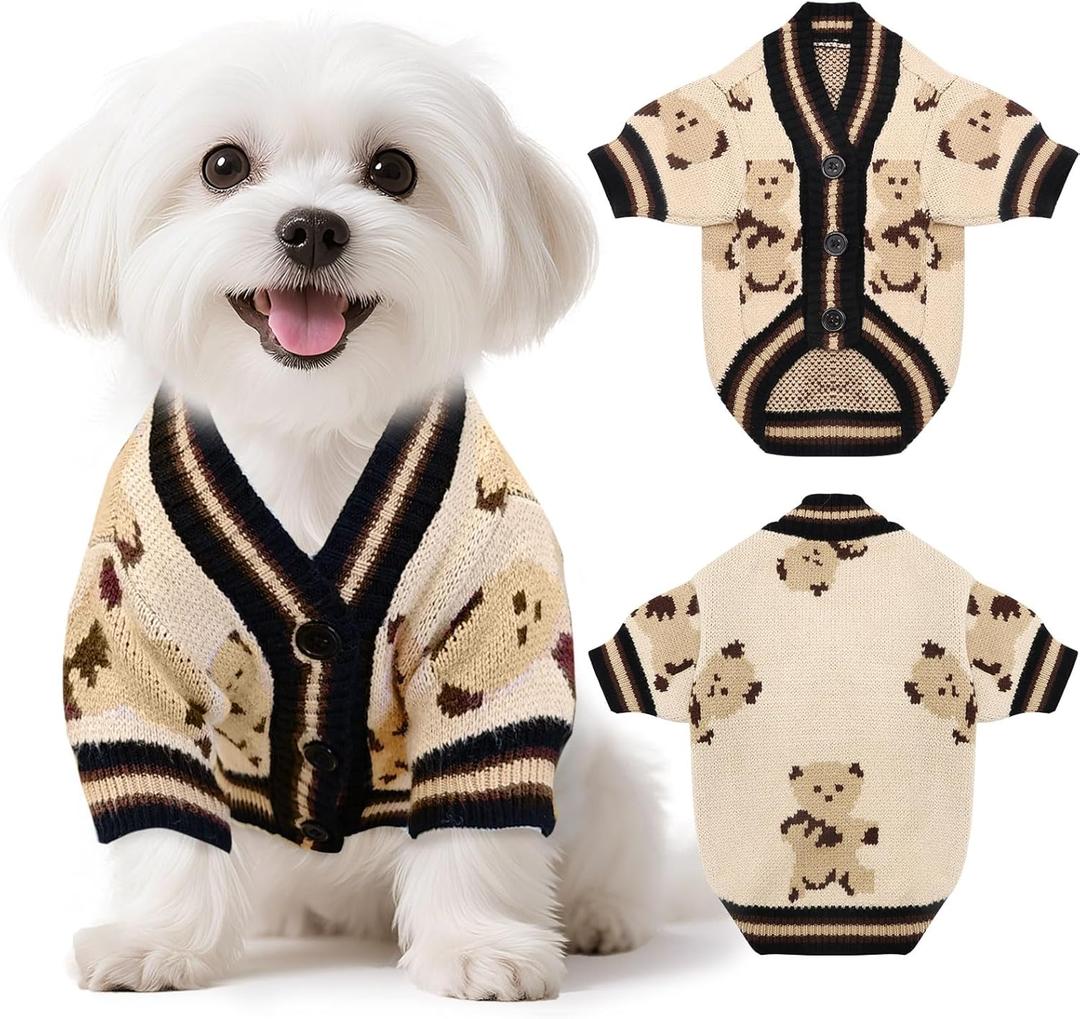 XGDMEIL Small Dog Sweaters Cute Bear Knitted Dog Cardigans Clothes for Small Medium Dogs Soft Pet Puppy Cat Knitting Outfits Fall Winter Warm Boy Girl Dogs Knitwear Coat Apparel(Beige, Small)