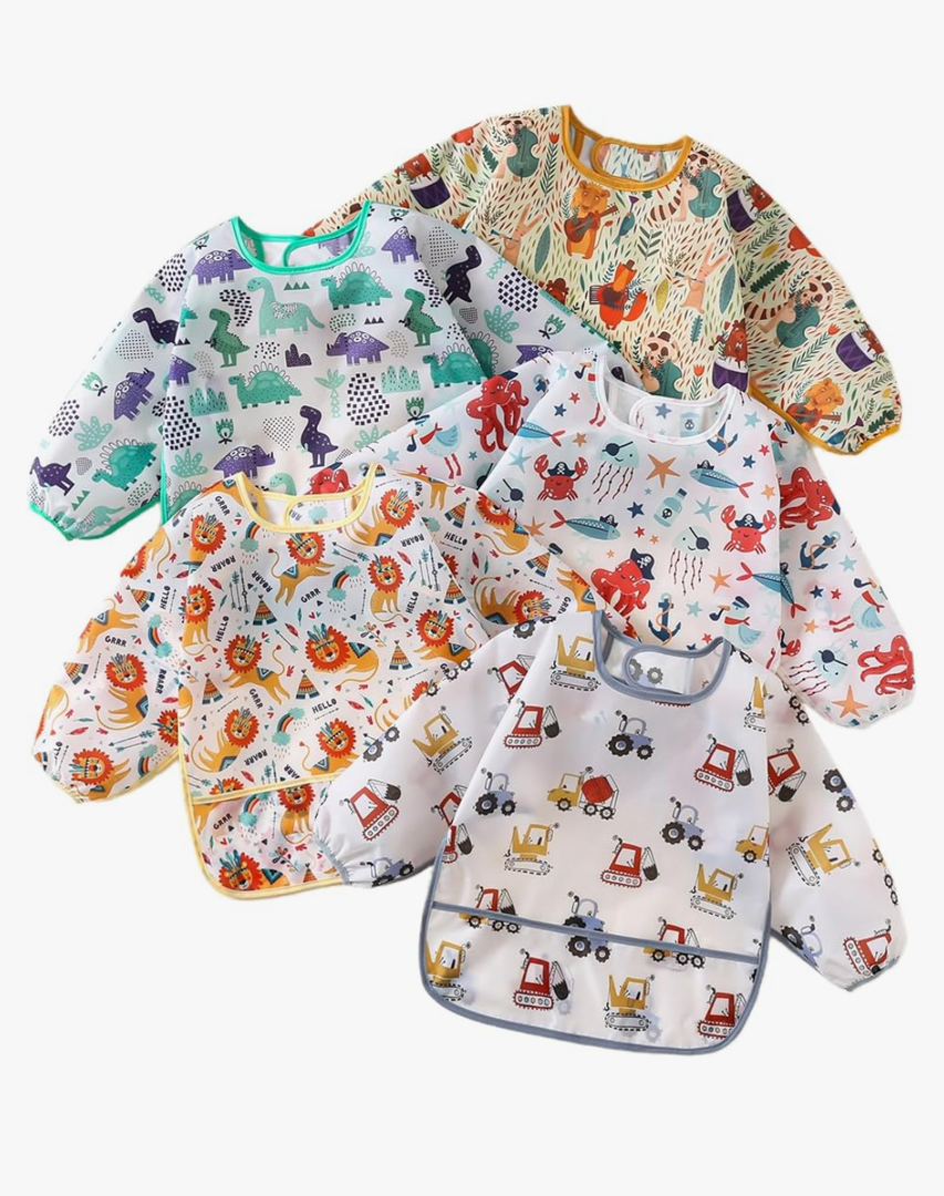 Sleeved Bib,5 Pack,Waterproof Shirt Bibs for Baby 3-24 Months Wipe Clean