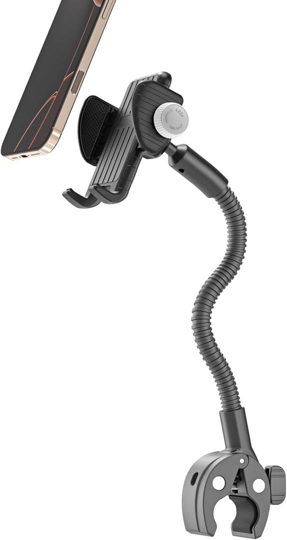 Charchendo Wheelchair & Stroller Phone Holder with Flexible Gooseneck Arm, Secure Non-Slip Handlebar Mount Clamp, Fit 17 16 15 14 13 12 Pro Plus Max Mini and 4-7" Phones with Thick Cases