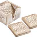 Wooden Set of 6 Whitewash Coasters with Holder Stand | White Distressed Coasters for Tea, Coffee & Drinks | Dining Table & Home Dcor (Design4)