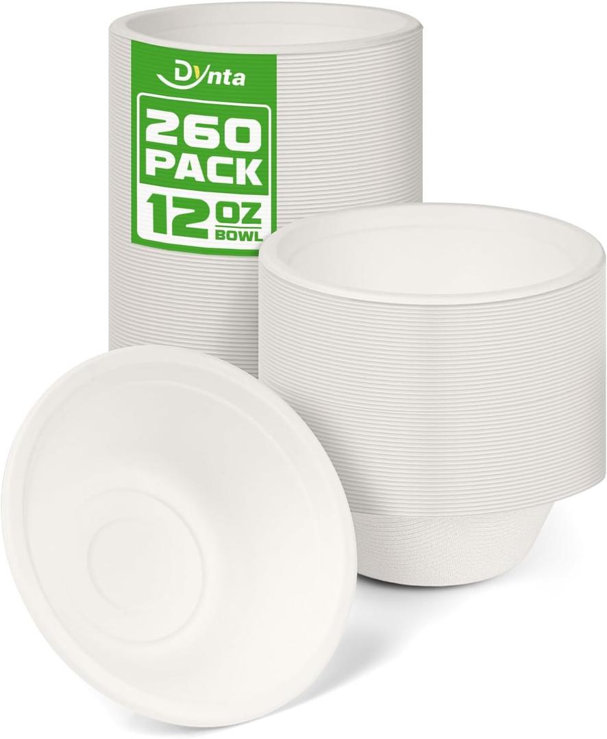 Paper Bowls 260 Packs, 12 OZ Disposable Paper Bowls Heavy Duty, Eco-Friendly White Disposable Hot Soup Bowls Bulk, Compostable Bamboo Bowls 350ml for Party, Camping, Birthday, Festivals