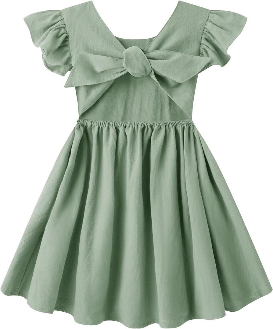 Toddler Girls Dress Cotton Linen Ruffle Backless Sleeveless Kids Casual Party Dresses (Green) Size 110
