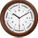 Lafocuse 12 Inch Solid Wood Day of The Week Wall Clock for Mother Easy to Read, Retirement Clock for Seniors, Silent Brown Wall Clock for Living Room Decor