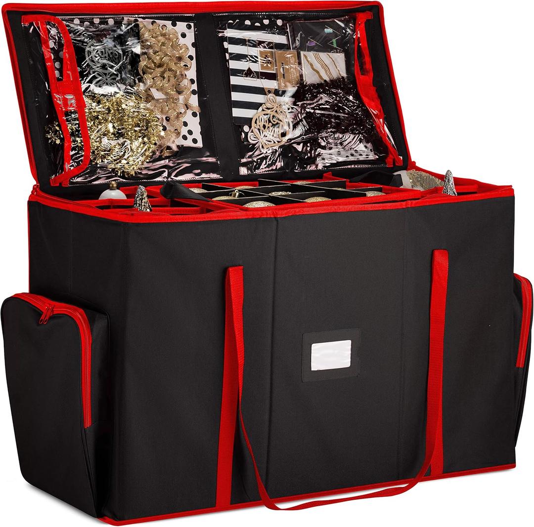 ZOBER All in One Christmas Ornament Storage Box & Decoration Container - Easy Access Removable Trays, Keeps 73 Ornaments - Adjustable Extent Area for Figurines and Pockets for Decoration - Black