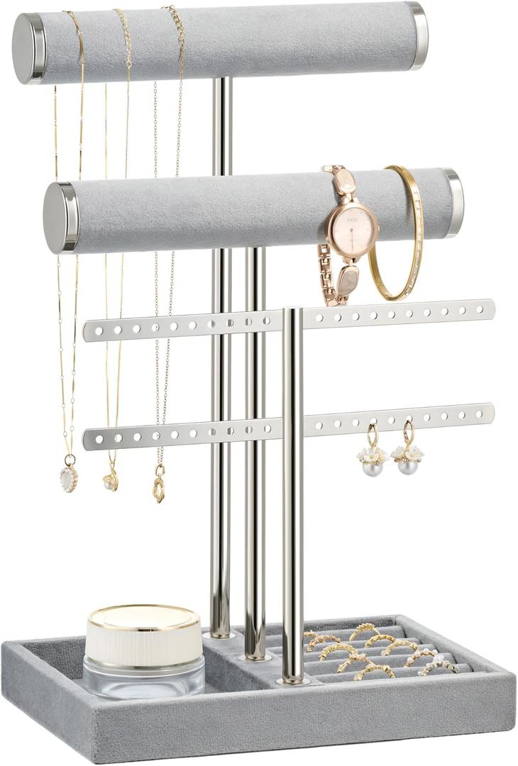 bussdis 3 Tier Bracelet Holder Display - Detachable T Bar Grey Velvet Bracelet Holder, Jewelry Holder Organizer for Bracelet, Necklace, Earrings, Rings