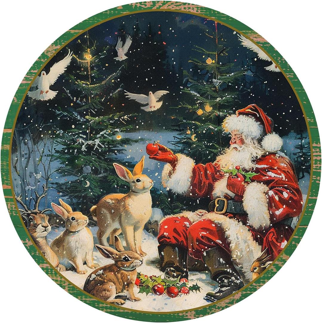 3 x TNVDFNBR Vintage Christmas Round Wall Art Decor, Winter Holidays Painting, Rustic Farmhouse Winter Circular Wall Hanging Decor for Living Room Bedroom Farmhouse Kitchen, 10x10 Inch (Santa Claus)