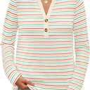 MEROKEETY Women's Fall Long Sleeve Striped Henley Tops V Neck Dressy Casual Loose Shirt 2025 Trendy Blouse (L)