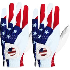 FINGER TEN Golf Gloves Men Right Handed Golfer Left Hand with Ball Marker 2 Pack Leather Breathable Comfortable Weathersof Grip Size Small Medium ML Large XL (White&USA Flag)