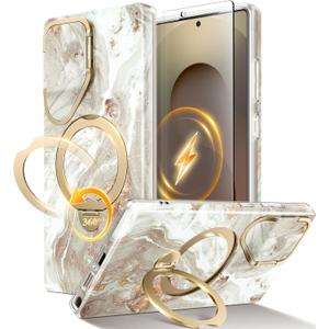 GVIEWIN 360 Spin Magnetic Stand for Samsung Galaxy S25 Ultra Case [Compatible with Magsafe][Camera Cover Stand & Ring Holder] Marble Military Grade Protective Phone Cover S25 Ultra 6.9"(Pearlescent)