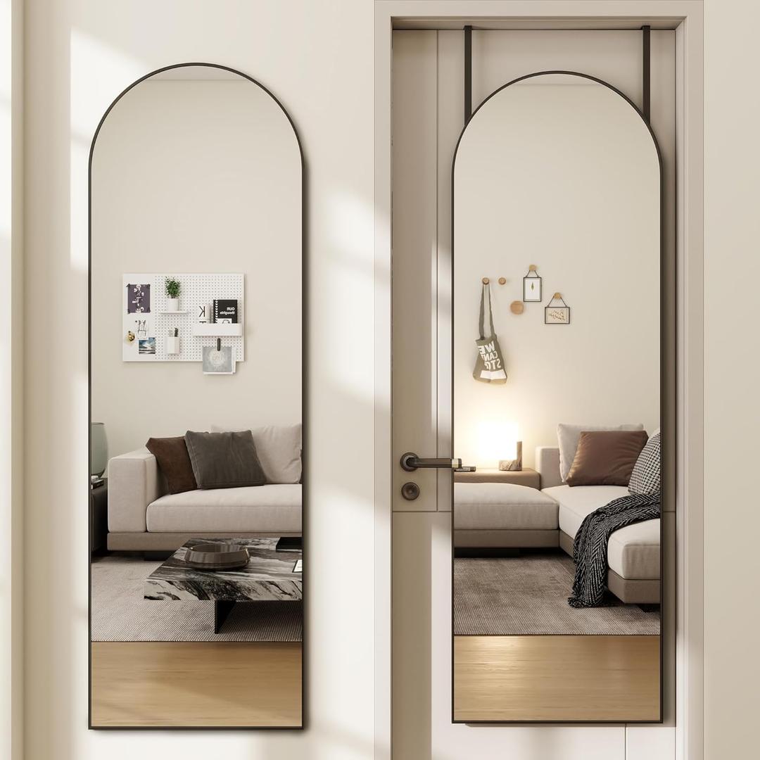 Door Mirror, Arched Full Length Mirror Over The Door, 14"x 48" Hanging or Wall Mirrors, Full Body Mirrors - Black