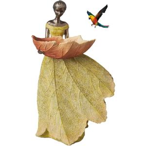 DiliComing Fairy Garden Statue Bird Feeder - 12 Inch Fairy Statue for Home Decoration, Resin Outdoor Statues for Garden Decoration, Best Bird Feeder Gift for Women(Yellow)