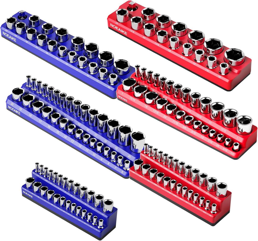 Magnetic Socket Organizer,6-Pack SAE & Metric 1/2,3/8,1/4 Inch Drive Sockets Holder,Holds 141 Standard/Deep Sockets,Blue and Red Magnetic Socket Tray(Sockets Not Included)