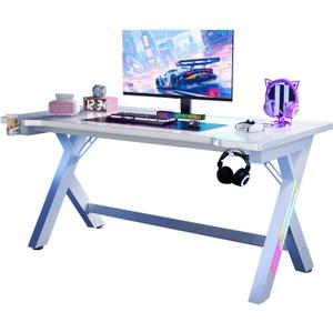 47 Inch Gaming Desk Computer Desk with LED Lights, Sturdy Small Desk for Bedroom, Home Office Desks Ergonomic PC Gaming Table Workstation with Cup Holder, Headphone Hook, Cable Box, Carbon Fiber White