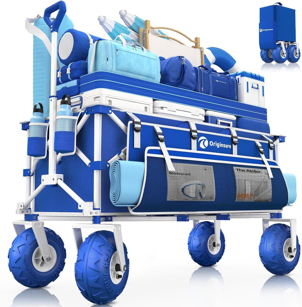 Originsure 300L Collapsible Beach Wagon with Balloon Wheels, 560lbs, Blue