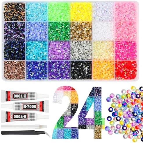 33000Pcs Resin Jelly Rhinestones for Bedazzling, 24 Colors 3mm Flatback Gems for Diamond Art, Bedazzler Kit with 3Pcs 10ml B7000 Jewelry Glue for Crafting Crafts Book Shoes Nail Art, Jelly Multicolored