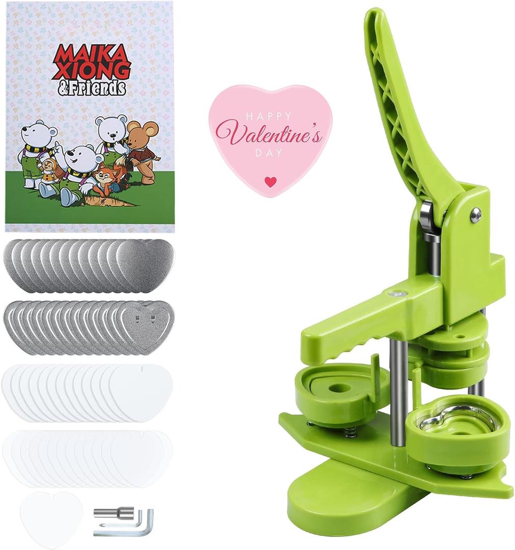Heart Button Maker Machine DIY Gift, Installation-Free Button Maker Press Machine, Pin Button Making Machine with Free 100 Sets Heart Button Making Supplies & Circle Cutter & Magic Book(Green)